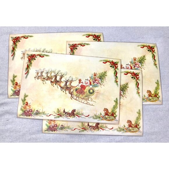 4 Vinyl Christmas Placemats Giordano Santa Sleigh Reindeer Reversible 1970s - Picture 4 of 10